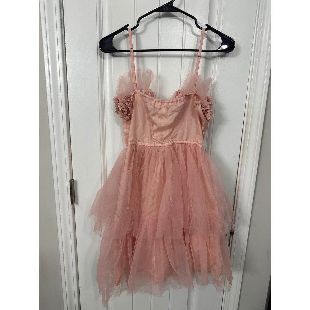 Mable PS I Love You Tulle Dress Blush Pink 3D Floral Tiered Mini Dress Womens M - Picture 5 of 7